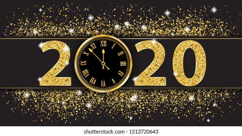 Black paper banner with golden sand, clock and text 2020.  Eps 10 vector file.