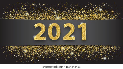 Black paper banner with golden sand and text 2021.  Eps 10 vector file.