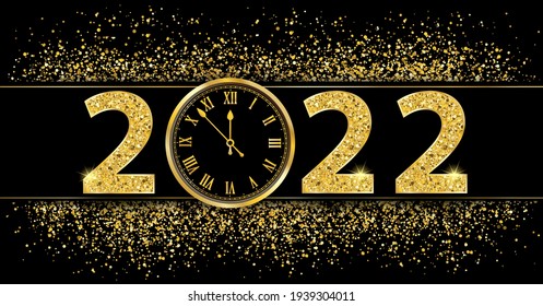 Black paper banner with golden sand, clock and text 2022.  Eps 10 vector file.