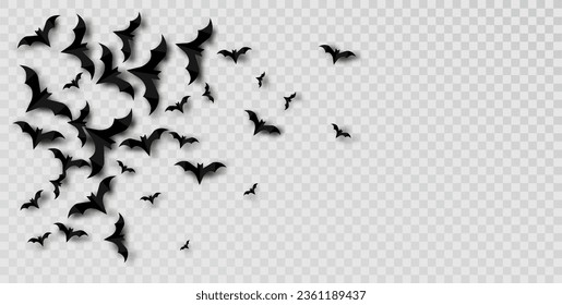Black Paper Bats Soaring on Transperent Background, Offering Ample Copy Space for Text in Spooky Halloween Concept.