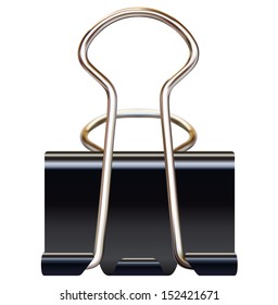 Black paper binder clip on white background realistic vector illustration.