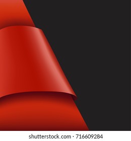 Black paper blank, banner, red ribbon on black background. Vector illustration.