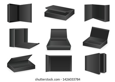 Black paper cardboard package boxes isometric open empty pack box isolated icons set realistic template design vector illustration