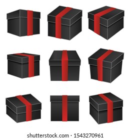 Black paper cardboard package boxes isometric pack box isolated icons set realistic design template vector illustration