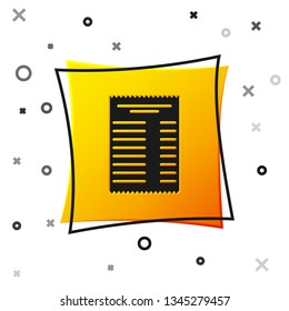 Black Paper check and financial check icon isolated on white background. Paper print check, shop receipt or bill. Yellow square button. Vector Illustration