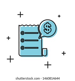 Black Paper check and financial check icon isolated on white background. Paper print check, shop receipt or bill.  Vector Illustration