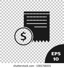 Black Paper check and financial check icon isolated on transparent background. Paper print check, shop receipt or bill.  Vector Illustration