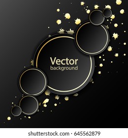 Black paper circle banner with drop shadows on black background template. Splash of sparkling golden paint. Vector illustration