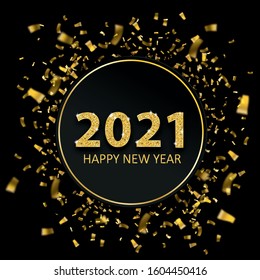 Black paper circle with golden confetti and the text 2021, Happy New Year on the black background. Eps 10 vector file.