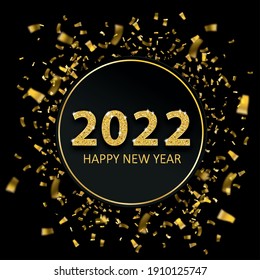 Black paper circle with golden confetti and the text 2022, Happy New Year on the black background. Eps 10 vector file.