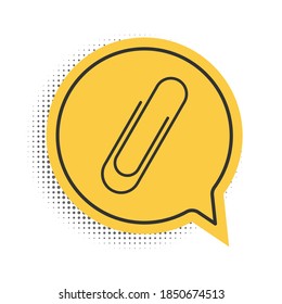 Icono de clip de papel negro aislado en fondo blanco. Símbolo amarillo de burbuja de habla. Vector.