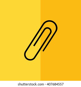 Black paper clip icon vector illustration. Yellow background