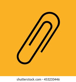 Black paper clip icon vector. Yellow background