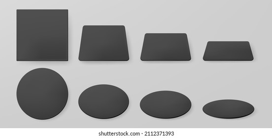Black paper coasters for beer mug. Vector realistic mockup of blank square and round beermat in top view. Bierdeckel for cup or cardboard mat different shapes and angles isolated on grey background.