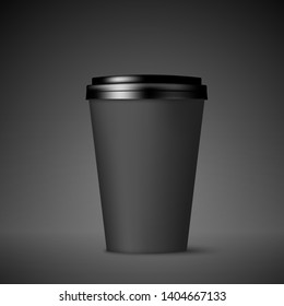 Black paper coffee cup with lid. Coffee to go empty mock up. Vector illustration isolated on black background