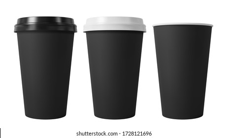 Black paper coffee cups with black and white lids. Open and closed paper cup. Realistic vector mockup