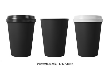 Black Paper Coffee Cups With Black And White Lids. Open And Closed Middle Paper Cup. Realistic Vector Mockup