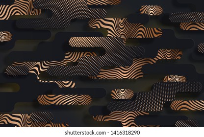 Black paper cut abstract background with geometric paper shapes in memphis style with sparkling golden halftone pattern and golden curved lines can be used for the design of Black Friday sale