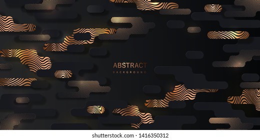 Black paper cut abstract background with geometric paper shapes in memphis style with sparkling golden halftone pattern and golden curved lines can be used for the design of Black Friday sale