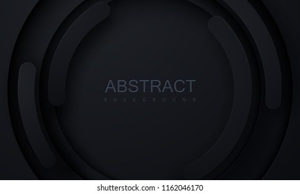 Black paper cut background. Abstract realistic papercut decoration textured with radial layers. 3d backdrop. Carving art. Vector illustration. Cover layout template. Material design concept