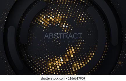 Black paper cut background. Abstract realistic layered papercut decoration textured with golden halftone pattern. 3d backdrop. Vector illustration. Cover layout template. Material design concept