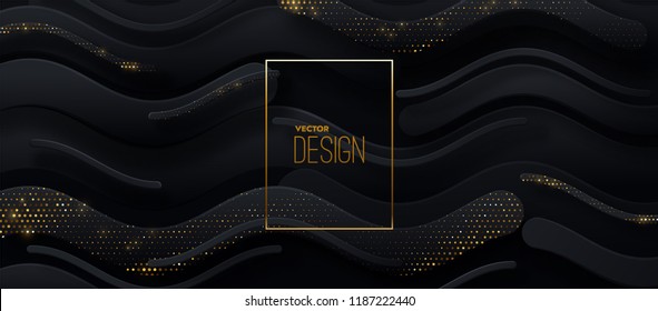 Black paper cut background. Abstract realistic papercut decoration textured with wavy zigzag shapes and golden halftone pattern. 3d backdrop. Vector illustration. Cover layout template. Modern design