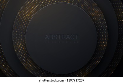 Black paper cut background. Abstract realistic layered papercut decoration textured with golden halftone pattern. 3d backdrop. Vector illustration. Material design concept. Minimalist cover template
