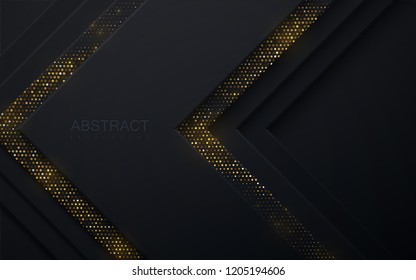 Black paper cut background. Abstract realistic layered papercut decoration textured with golden halftone pattern. 3d backdrop. Vector illustration. Material design concept. Minimalist cover template