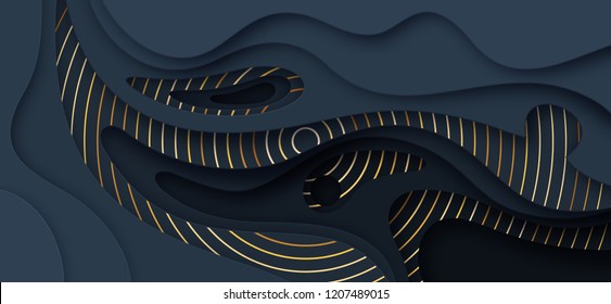 Black paper cut background. Abstract realistic papercut decoration textured with wavy layers and circles. 3d topography relief. Vector illustration. Cover layout template.