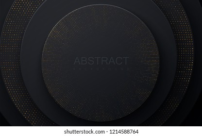 Black paper cut background. Abstract realistic layered papercut decoration textured with golden halftone pattern. 3d backdrop with circle shape layers. Vector illustration. Minimalist cover template