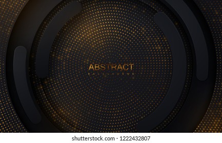 Black paper cut background. Abstract realistic layered papercut decoration textured with golden glitters. 3d backdrop. Vector illustration. Cover layout template. Material design concept