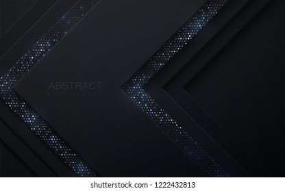 Black paper cut background. Abstract realistic layered paper decoration textured with silver glitters. 3d backdrop. Vector illustration. Material design concept. Minimalist cover template