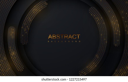 Black paper cut background. Abstract realistic layered papercut decoration textured with golden glitters. 3d backdrop. Vector illustration. Cover layout template. Material design concept