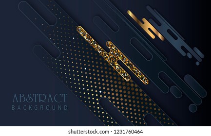 Black paper cut background. Abstract realistic layered papercut decoration textured with golden halftone pattern. 3d backdrop. Cover layout template. Material design concept