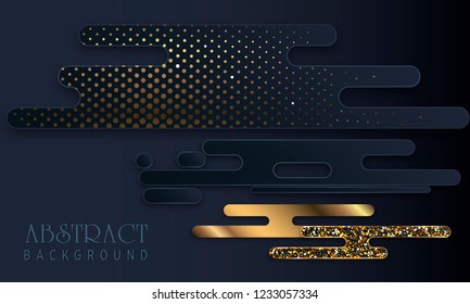 Black paper cut background. Abstract realistic layered papercut decoration textured with golden halftone pattern. 3d backdrop. Cover layout template. Material design concept