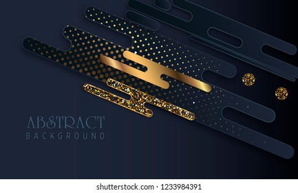 Black paper cut background. Abstract realistic layered papercut decoration textured with golden halftone pattern. 3d backdrop. Cover layout template. Material design concept