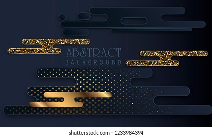Black paper cut background. Abstract realistic layered papercut decoration textured with golden halftone pattern. 3d backdrop. Cover layout template. Material design concept