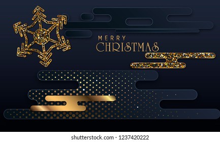 Black paper cut background. Abstract realistic layered papercut decoration textured with golden halftone pattern. 3d backdrop. Cover layout template. Material design concept