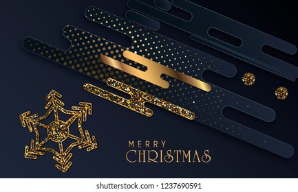 Black paper cut background. Abstract realistic layered papercut decoration textured with golden halftone pattern. 3d backdrop. Cover layout template. Material design concept