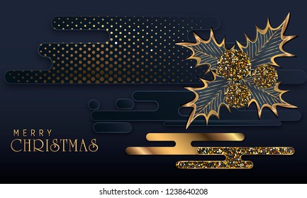 Black paper cut background. Abstract realistic layered papercut decoration textured with golden halftone pattern. 3d backdrop. Cover layout template. Material design concept