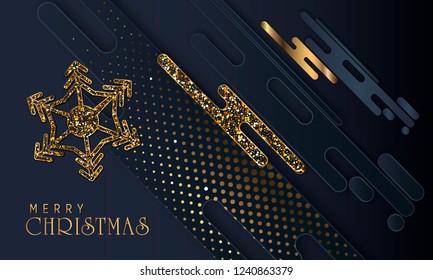 Black paper cut background. Abstract realistic layered papercut decoration textured with golden halftone pattern. 3d backdrop. Cover layout template. Material design concept