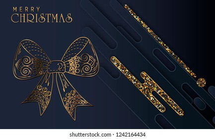 Black paper cut background. Abstract realistic layered papercut decoration textured with golden halftone pattern. 3d backdrop. Cover layout template. Material design concept
