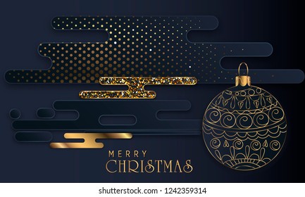 Black paper cut background. Abstract realistic layered papercut decoration textured with golden halftone pattern. 3d backdrop. Cover layout template. Material design concept