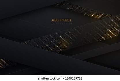 Black paper cut background. Abstract papercut decoration with layers or ribbons wixtured with golden glitters. 3d backdrop. Vector illustration. Material design concept. Minimalist cover template