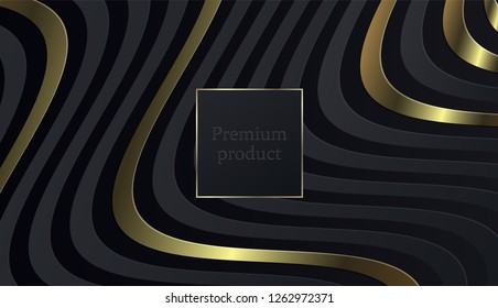 Black paper cut background. Abstract realistic layered papercut decoration textured with golden halftone pattern. 3d backdrop. Vector illustration. Cover layout template. Material design concept