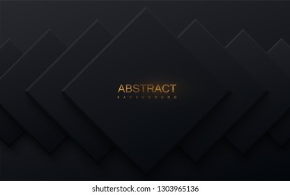 Black paper cut background. Abstract realistic papercut decoration with stepped square layers. 3d backdrop. Vector illustration. Material design concept. Minimalist cover template