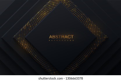 Black paper cut background. Abstract realistic papercut decoration with random square layers and golden glitters. 3d backdrop. Vector illustration. Material design concept. Minimalist cover template