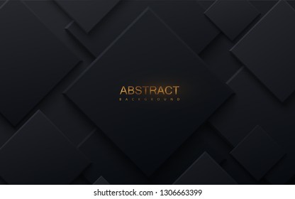 Black paper cut background. Abstract realistic papercut decoration with random square layers. 3d backdrop. Vector illustration. Material design concept. Minimalist cover template