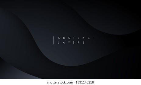 Black paper cut background. Abstract realistic papercut decoration textured with wavy layers. 3d topography relief. Carving art. Vector illustration. Cover layout template. Material design concept