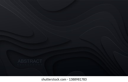 Black paper cut background. Abstract realistic papercut decoration textured with wavy layers. 3d topography relief. Vector topographic illustration. Cover layout template.